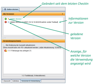 Versionen und Verwendungen befinden sich für Testelemente auf einer gemeinsamen Tabkarte und enthalten zusätzliche Informationen.