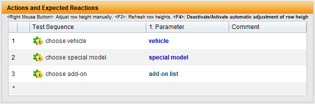 TestBench interface showing a test sequence under 'Actions and Expected Reactions'. The steps include 'choose vehicle', 'choose special model', and 'choose add-on', with parameters linked to 'vehicle', 'special model', and 'add-on list' respectively.