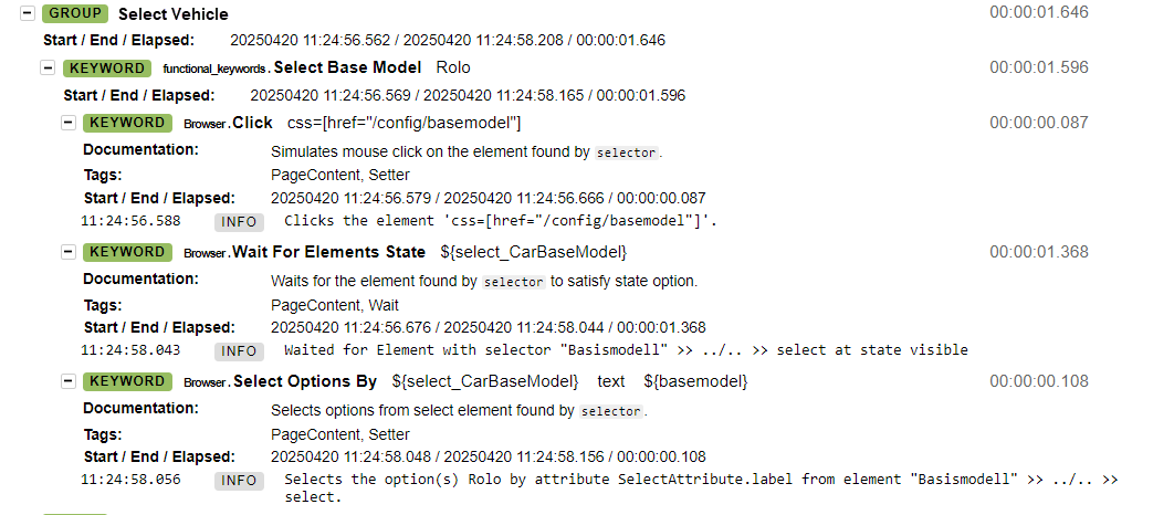 Robot Framework test log showing the execution of the 'Select Vehicle' group. It includes the keyword 'Select Base Model' with the selected value 'Rolo'. Subsequent keywords executed are 'Click' on a base model config link, 'Wait For Elements State' on a selector, and 'Select Options By' with a text value. Each keyword entry includes timestamps, duration, documentation, and INFO logs.