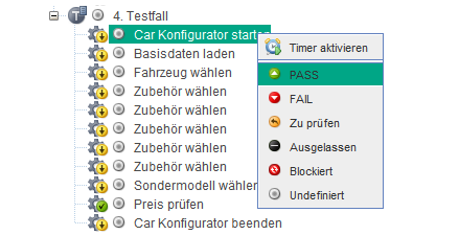 Testbaum eines Car-Konfigurator-Tests im Testmanagement-Tool: Im vierten Testfall ist der Schritt ‚Car Konfigurator starten‘ markiert. Ein Kontextmenü bietet Optionen wie ‚PASS‘, ‚FAIL‘, ‚Zu prüfen‘, ‚Ausgelassen‘, ‚Blockiert‘ und ‚Undefiniert‘ zur Statusbewertung einzelner Testschritte.