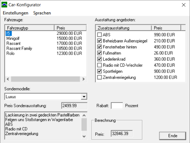 Benutzeroberfläche eines Car-Konfigurators: Auswahl eines Fahrzeugtyps, Sondermodells und mehrerer Zusatzoptionen mit jeweiligem Preis. Anzeigen des Preises der Sonderausstattung und der berechneten Gesamtsumme. Funktionen für Rabatte und eine detaillierte Zubehörübersicht sind integriert.