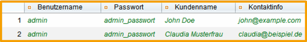 Tabelle mit Testdaten für einen Login- und Kundenerfassungsprozess: Enthalten sind Kombinationen aus Benutzername, Passwort, Kundenname und Kontaktinfo – z. B. ‚admin‘ mit ‚admin_passwort‘ und den Kundendaten ‚John Doe, john@example.com‘ sowie ‚Claudia Musterfrau, claudia@beispiel.de‘.