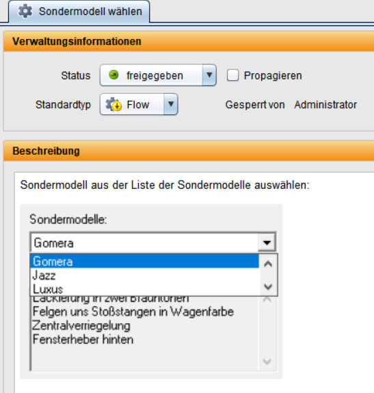 "Keyword-Definition im Keyword-Driven Testing am Beispiel ‚Sondermodell wählen‘: Verwaltung mit Status ‚freigegeben‘, Standardtyp ‚Flow‘ und detaillierter Beschreibung. Die Beschreibung spezifiziert die Auswahl eines Sondermodells wie ‚Gomera‘ aus einer Liste möglicher Optionen.