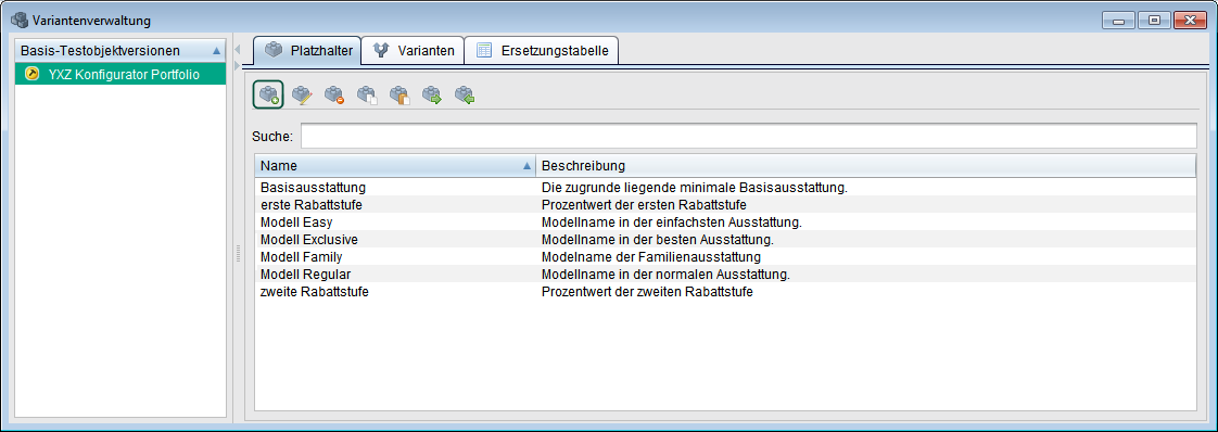 Liste der Platzhalter einer Basis-Testobjektversion