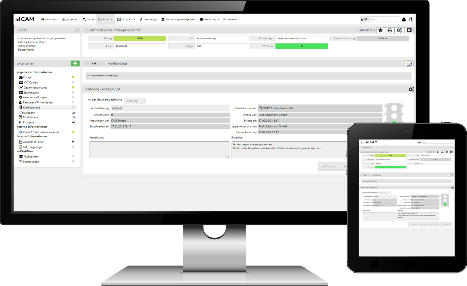 Responsive Benutzeroberfläche der CAM-Software zur Kredit- und Risikobewertung: Ansicht auf Desktop und Tablet mit Informationen zu Kundenrating, Limit, KYC-Score sowie Antragshistorie und Entscheidung. Die Software zeigt eine strukturierte Darstellung von Geschäftspartnerdaten, Entscheidungshistorie und Risikoinformationen für Finanzdienstleister.
