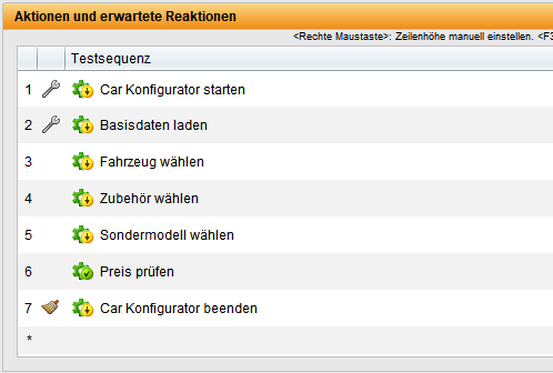 "Testsequenz im Car-Konfigurator mit sieben Schritten: Starten des Konfigurators, Laden der Basisdaten, Auswahl von Fahrzeug, Zubehör und Sondermodell, Überprüfung des Preises und Beenden des Konfigurators. Die Symbole markieren die Art der Aktion, z. B. Start, Konfiguration oder Abschluss.