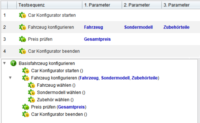 Verschachtelter Keyword-Driven Testfall mit Parameterübergabe: Die Testsequenz nutzt das zusammengesetzte Keyword ‚Fahrzeug konfigurieren‘ mit den Parametern ‚Fahrzeug‘, ‚Sondermodell‘ und ‚Zubehörliste‘. In der erweiterten Ansicht ist sichtbar, wie dieses zusammengesetzte Keyword aus Einzelschritten wie ‚Fahrzeug wählen‘ und ‚Preis prüfen‘ aufgebaut ist – inklusive Parametervererbung für eine modulare Teststruktur.