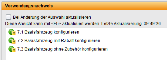 Verwendungsnachweis eines Keywords im Testmanagement: Das Keyword wird in drei Testfällen verwendet – ‚Basisfahrzeug konfigurieren‘, ‚Basisfahrzeug mit Rabatt konfigurieren‘ und ‚Basisfahrzeug ohne Zubehör konfigurieren‘. Die Liste zeigt transparent, wo das Keyword eingebunden ist.