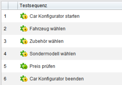 Darstellung einer Testsequenz im Keyword-Driven Testing: Die Testschritte zum Test eines Car-Konfigurators beinhalten Start, Fahrzeugwahl, Zubehörwahl, Sondermodellwahl, Preisprüfung und das Beenden des Konfigurators.