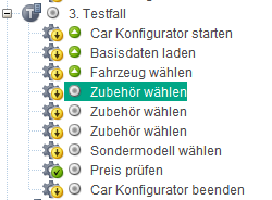"Ausschnitt eines Testbaums im Testmanagement-Tool: Im dritten Testfall wird die Testschrittfolge im Car-Konfigurator angezeigt. Der Schritt ‚Zubehör wählen‘ ist markiert, mehrere Instanzen von Zubehörwahl sind vorhanden. Statussymbole zeigen den aktuellen Bearbeitungs- oder Prüffortschritt der einzelnen Schritte.