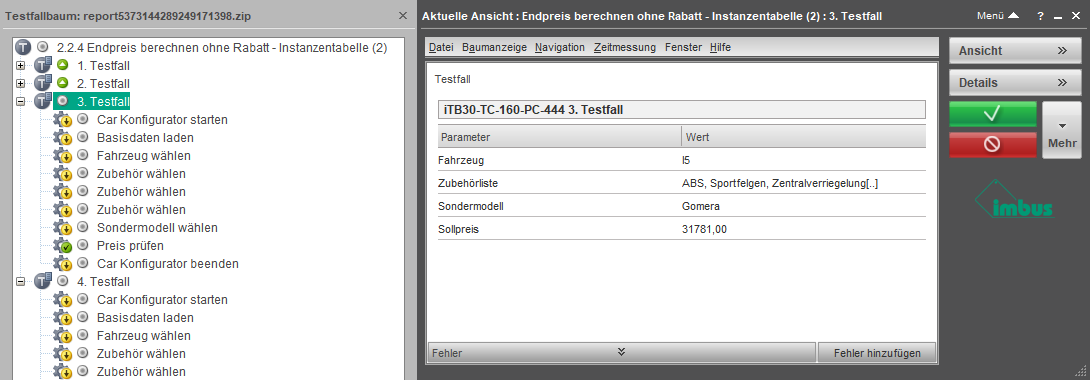 Detailansicht eines ausgeführten Testfalls im Testmanagement-Tool: Auswahl des Fahrzeugs ‚I5‘ mit den Zubehörteilen ‚ABS‘, ‚Sportfelgen‘ und ‚Zentralverriegelung‘ sowie Sondermodell ‚Gomera‘. Der Sollpreis von 31.781,00 € wird geprüft. Der Testbaum zeigt die zugehörige Testschrittfolge im Car-Konfigurator.