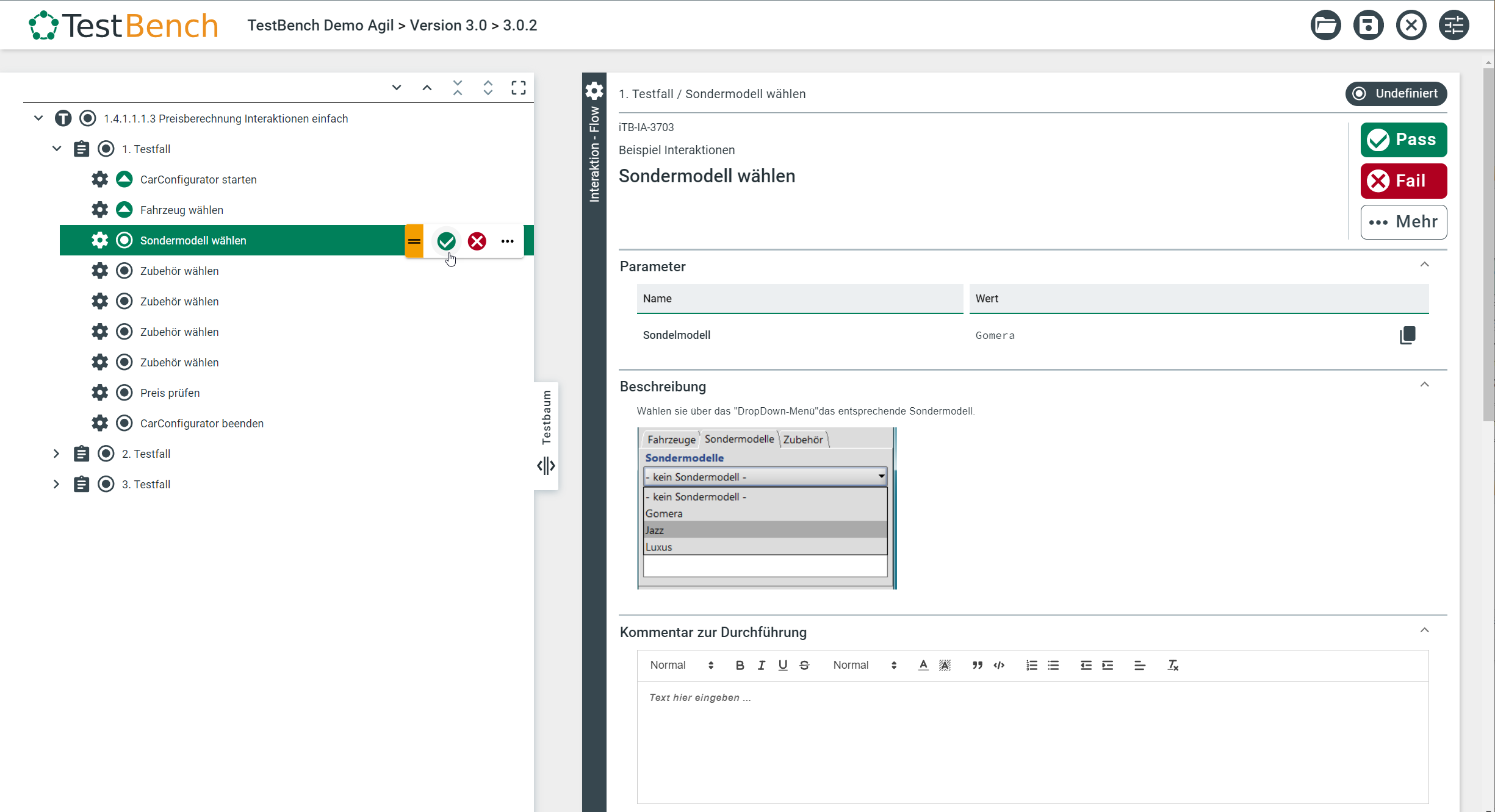 "Testfallbearbeitung in TestBench: Im Testfall ‚Sondermodell wählen‘ wird das Sondermodell ‚Gomera‘ ausgewählt. Im rechten Bereich sind Parameter, eine beschreibende Anleitung mit Screenshot zur Auswahl und ein Eingabefeld für Kommentare zur Testdurchführung sichtbar. Statusoptionen wie ‚Pass‘ und ‚Fail‘ stehen bereit.