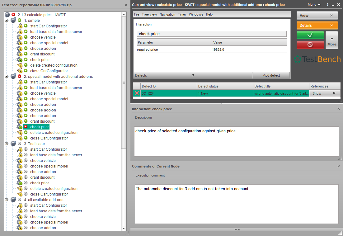 Screenshot from TestBench showing a test execution report for the scenario 'calculate price – KWDT' with a defect. The selected test case 'special model with additional add-ons' fails at the step 'check price'. The defect ID DC-1234 is recorded with the title 'wrong automatic discount for 3 add-ons'. The execution comment notes that the automatic discount for 3 add-ons was not applied as expected. The required price parameter was 19529.0.