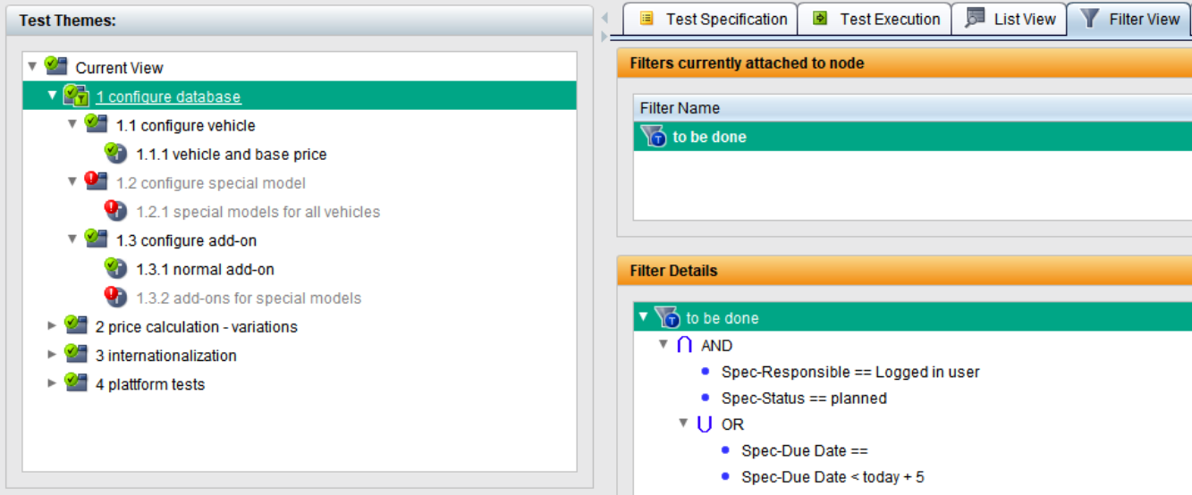 Screenshot of the TestBench interface showing test themes, a filter view, and filter details. The selected filter 'to be done' includes conditions for responsible user, planned status, and due date criteria. The test theme hierarchy includes configurations such as vehicle, add-ons, and platform tests.