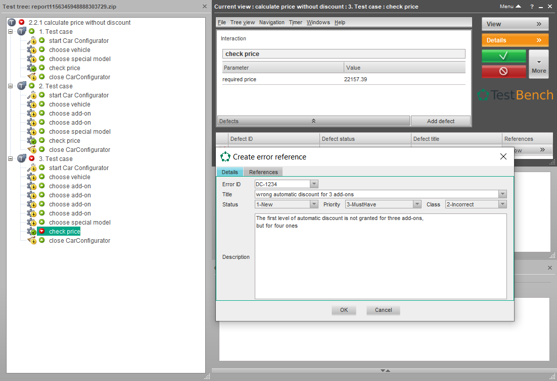 "Screenshot showing the creation of an error reference in TestBench for a failed test case related to price calculation. The defect DC-1234 is titled 'wrong automatic discount for 3 add-ons' with status 'New', priority '3-MustHave', and class '2-Incorrect'. The defect description indicates that the first-level discount was not applied for three add-ons, but only for four. The test case 'check price' failed with a required price of 22157.39.