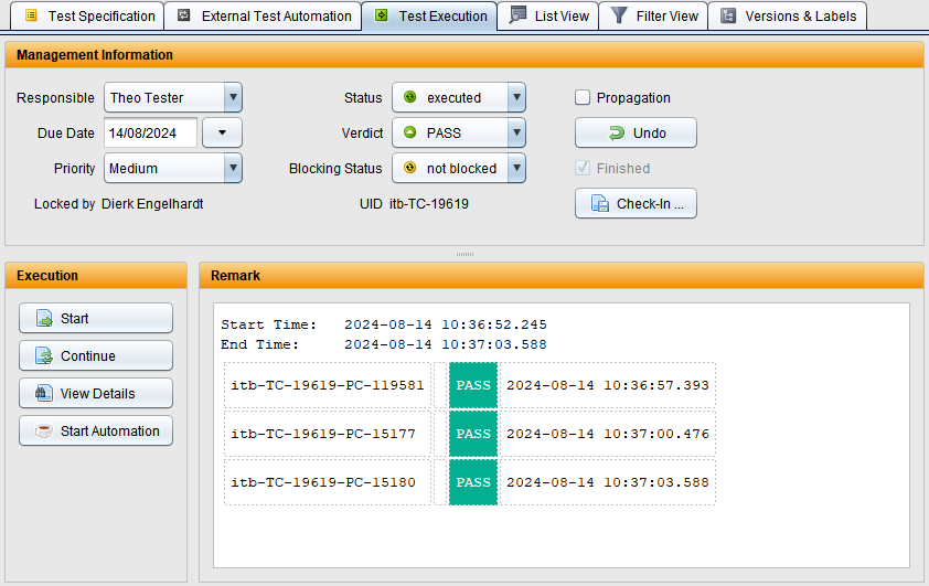 Screenshot of a successfully executed test case in TestBench. The test case itb-TC-19619 has a status of 'executed' with a verdict of 'PASS'. The responsible tester is Theo Tester, with execution completed on 2024-08-14. All three test case instances (PC-119581, PC-15177, PC-15180) passed within approximately 3 to 5 seconds each. Variants include [all], [new], and [premium] special models. Execution was not blocked and no propagation was triggered.