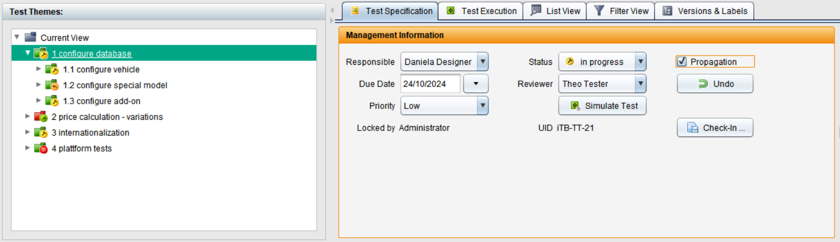 Screenshot from TestBench showing test specification details for the test theme 'configure database'. The management information panel displays status as 'in progress', responsible person as Daniela Designer, reviewer as Theo Tester, due date set to 24/10/2024, and low priority. Additional options include test simulation, propagation, and check-in.
