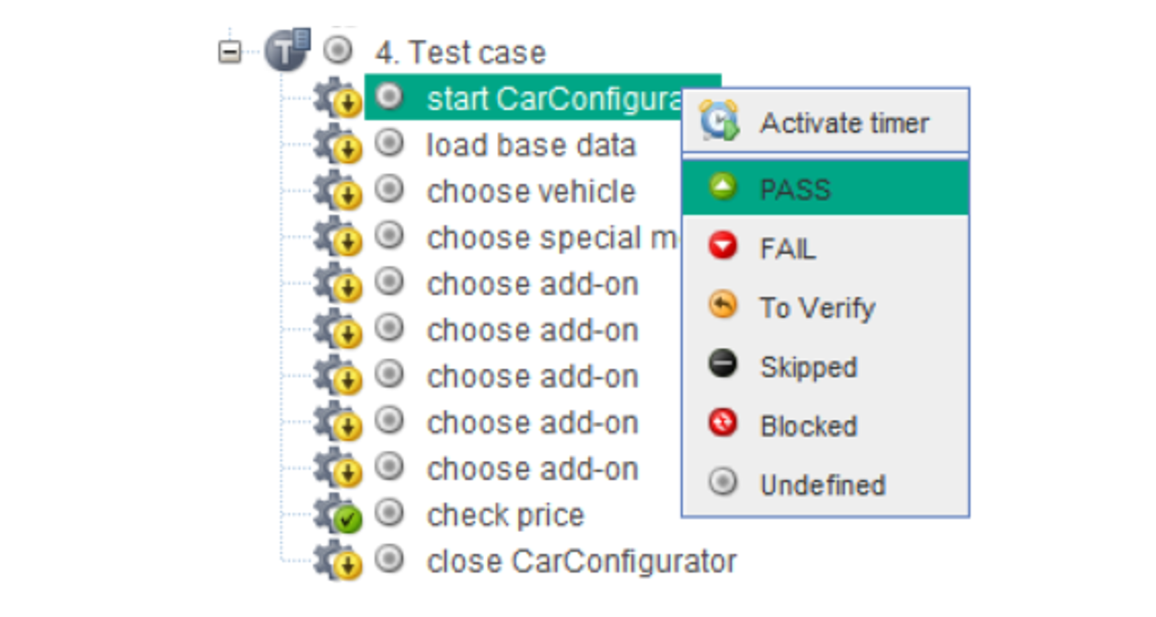 TestBench execution tree showing test case 4 with nine sequential steps, including multiple "choose add-on" actions, where only "start CarConfigurator" and "check price" are marked as passed, while others are in undefined status. A context menu highlights status options like PASS, FAIL, and Blocked.