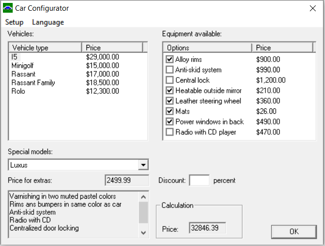 The Car Configurator screenshot shows a configuration for the vehicle type "I5" priced at ,000.00, with the "Luxus" special model selected, adding ,499.99. Selected additional equipment includes Alloy rims, Heatable outside mirror, Mats, Power windows in back, and Radio with CD player. Despite some options being included in the special model, they are still selected individually. No discount is applied, and the total calculated price is ,846.39. This suggests that either the special model options are not excluded from the calculation or the quantity discount logic is not applied.