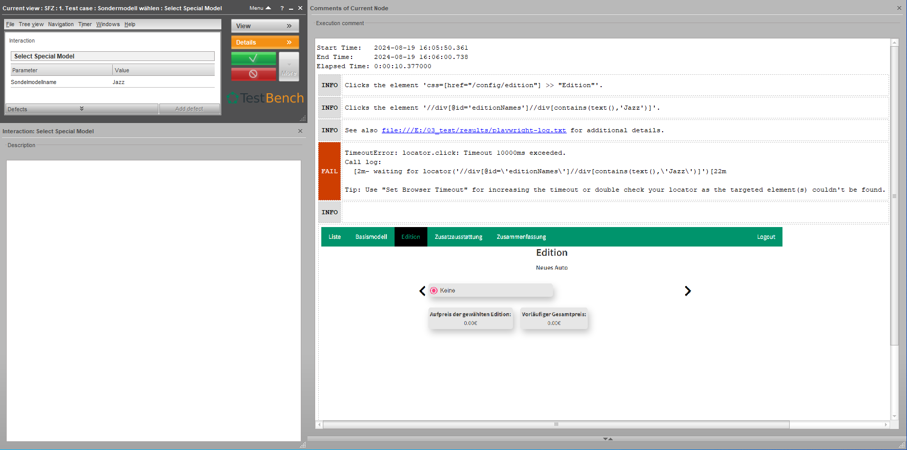 TestBench screenshot displaying a failed test step during the interaction 'Select Special Model' with parameter 'Sondermodellname = Jazz'. The execution log shows a timeout error after 10 seconds. The system attempted to click a UI element labeled 'Edition', but the locator could not find the target. The result is marked as FAIL, and a screenshot of the UI state is shown below the log.