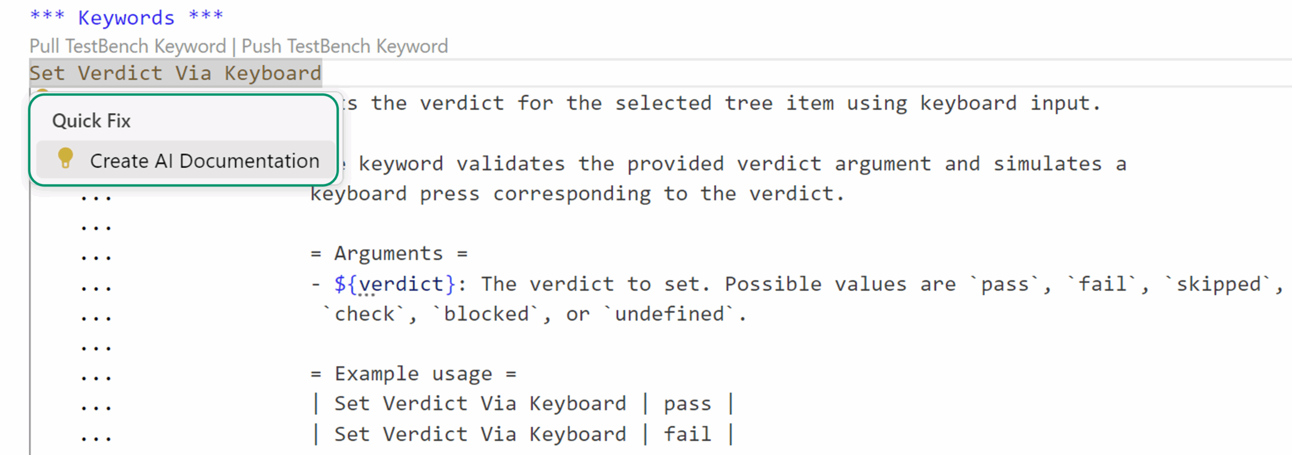 Screenshot of keyword documentation in a TestBench automation context showing the AI-generated documentation feature for the keyword "Set Verdict Via Keyboard" with a tooltip suggesting "Create AI Documentation"