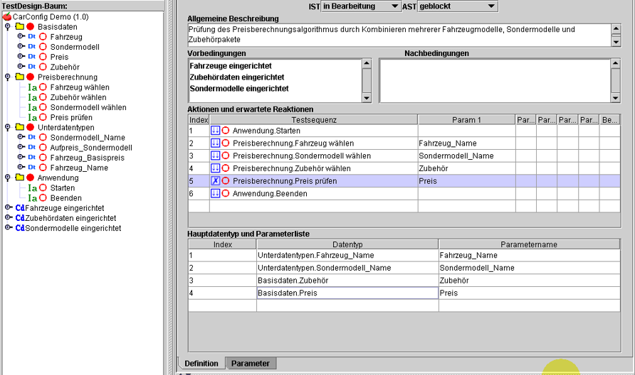 Screenshot eines Testdesign-Editors mit hierarchischem Testbaum links und Testschritten rechts. Im Fokus steht ein Testfall zur Preisberechnung in einer Car-Konfigurator-Demo, der mehrere Aktionen wie Fahrzeug-, Sondermodell- und Zubehörwahl sowie die Preisprüfung umfasst. Parameterlisten und Datenstrukturen sind ebenfalls sichtbar.