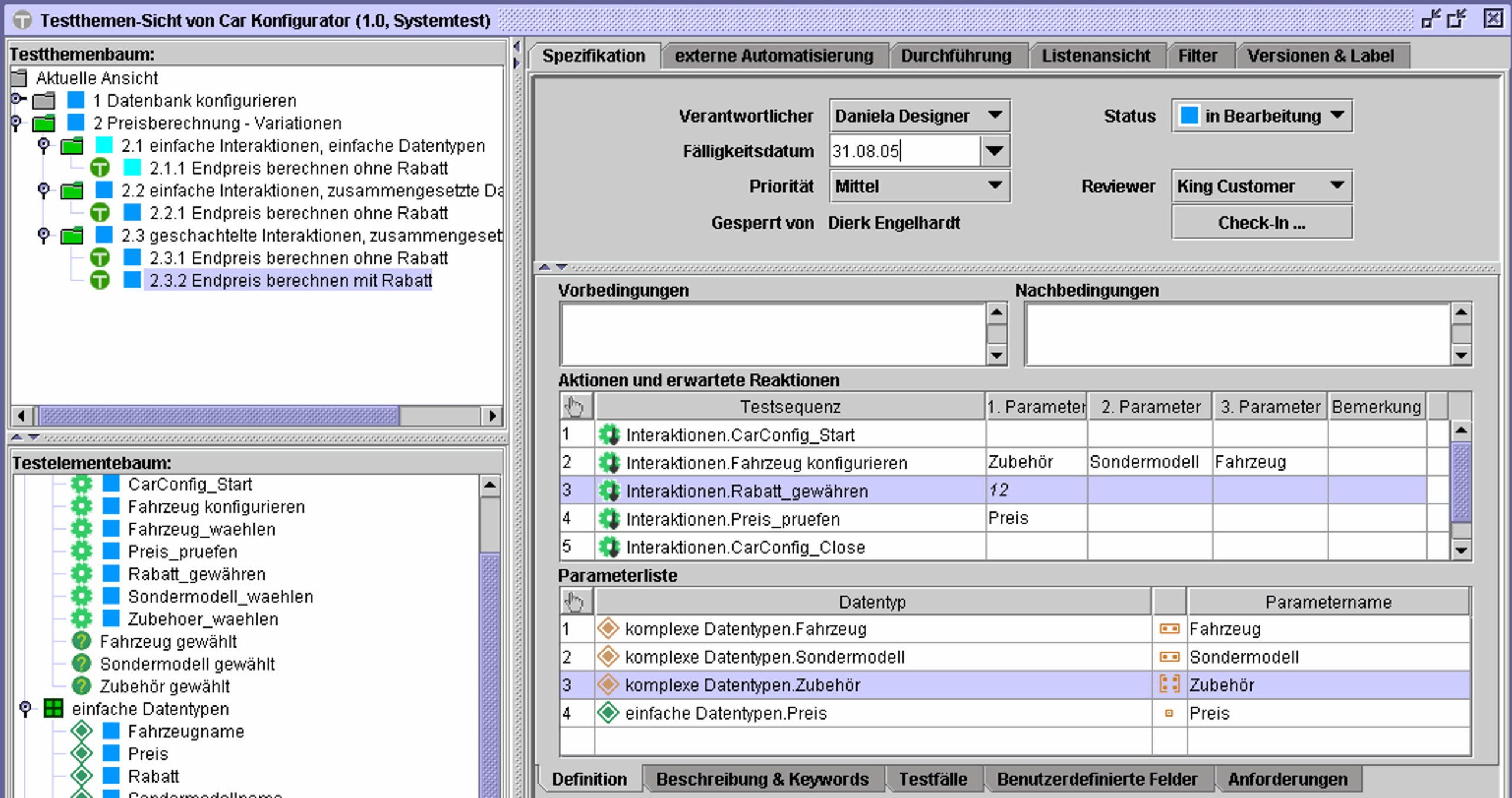 Screenshot eines Testmanagement-Tools mit Fokus auf das Testthema „2.3.2 Endpreis berechnen mit Rabatt“ innerhalb eines Car-Konfigurators. Rechts sind Spezifikationen wie Verantwortlicher, Fälligkeitsdatum, Status und Reviewer zu sehen. Der zentrale Bereich zeigt die Testschritte mit zugehörigen Parametern und darunter die verwendete Parameterliste.