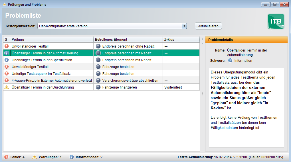 Screenshot der Problemliste in einem Testmanagement-Tool für das Testobjekt „Car-Konfigurator: erste Version“. Die Liste enthält verschiedene Prüfungen wie „Überfälliger Termin in der Automatisierung“ oder „Unvollständiger Testfall“, sortiert nach betroffenem Element. Rechts werden Problemdetails mit Beschreibung und Schweregrad angezeigt.