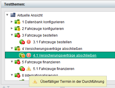 Screenshot eines Testmanagement-Tools mit einer hierarchischen Baumstruktur von Testthemen. Das Testthema „4.1 Versicherungsverträge abschließen“ ist markiert und zeigt ein Warnsymbol mit dem Hinweis „Überfälliger Termin in der Durchführung“. Weitere Themen enthalten Fehler- und Warnsymbole zur Statusanzeige.