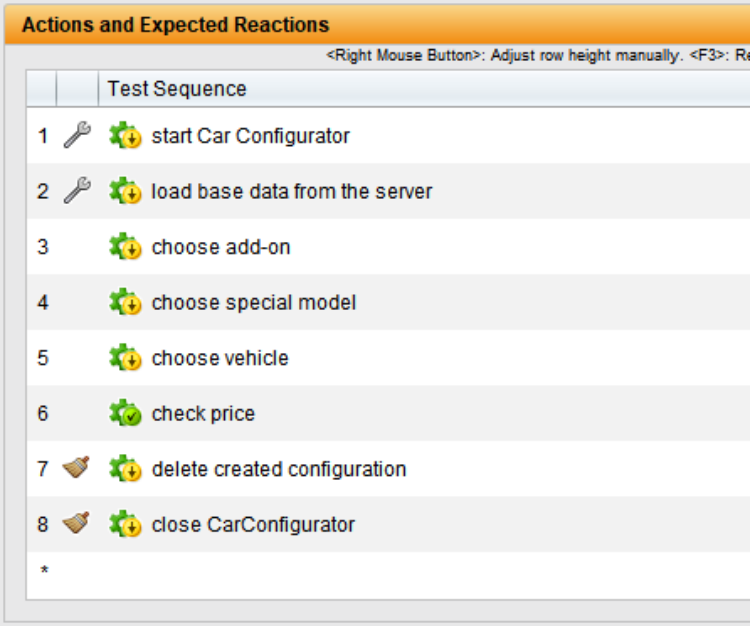 TestBench interface displaying a test sequence under 'Actions and Expected Reactions'. The sequence includes eight steps: start Car Configurator, load base data from the server, choose add-on, choose special model, choose vehicle, check price, delete created configuration, and close Car Configurator. Each action is visually represented by an icon.