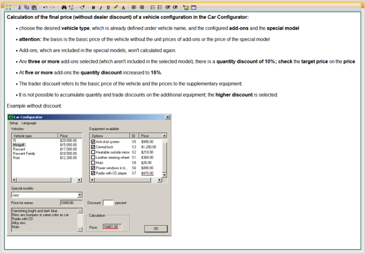"Documentation screenshot showing the calculation rules for a vehicle's final price in a car configurator, excluding dealer discount. Rules include quantity discounts for three or more add-ons (10%) and five or more (15%), with priority given to the higher discount. An embedded example with the special model 'Jazz' and several selected add-ons results in a calculated total price of 18,461.00, displayed in a legacy-style UI window.