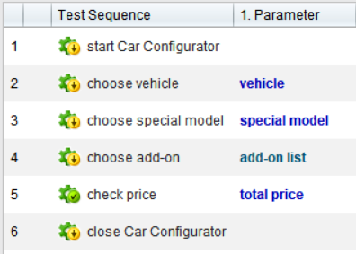 TestBench test sequence with six automated steps for a car configurator, each linked to parameters: choose vehicle (vehicle), choose special model (special model), choose add-on (add-on list), and check price (total price). Each step is represented with an automation icon, with 'check price' marked as completed.