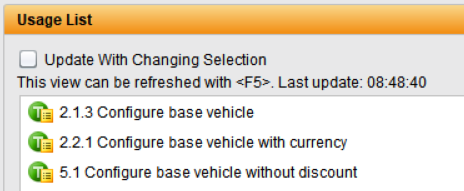 TestBench usage list panel showing three linked test cases: '2.1.3 Configure base vehicle', '2.2.1 Configure base vehicle with currency', and '5.1 Configure base vehicle without discount'. The view includes an update option and a last updated timestamp.