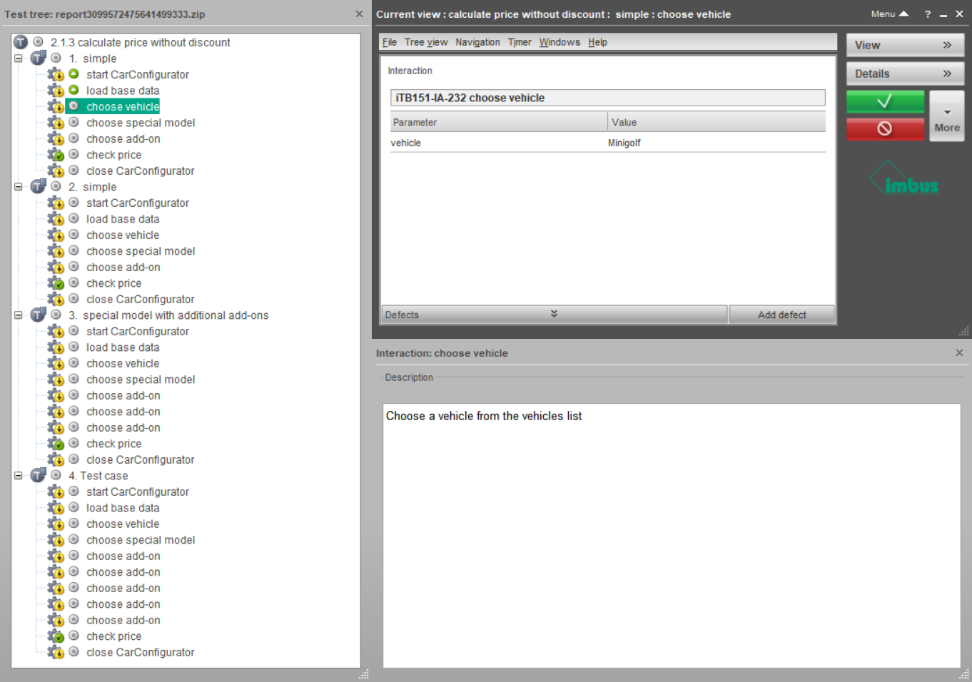 Test execution view in a car configurator showing the selection of the "Minigolf" vehicle. The interaction details confirm the vehicle parameter and the test step instructs to choose a vehicle from the list. The left panel displays a test tree, highlighting the "choose vehicle" step within a test case for calculating price without discount.