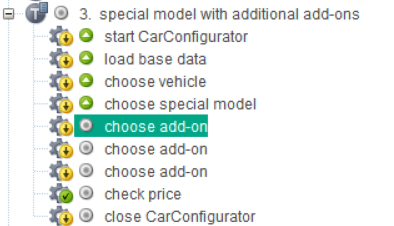 TestBench test step overview for the case "special model with additional add-ons," highlighting a failed step "choose add-on" among other steps like starting the CarConfigurator, loading data, selecting vehicle and special model, with the final price check marked as passed.