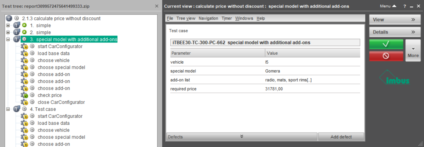 TestBench execution screen showing a test case titled "special model with additional add-ons" for the I5 vehicle with the "Gomera" special model. Selected add-ons include radio, mats, and sport rims, and the required price is listed as €31,781.00. The test case is displayed in the context of a larger test suite on the left-hand panel.