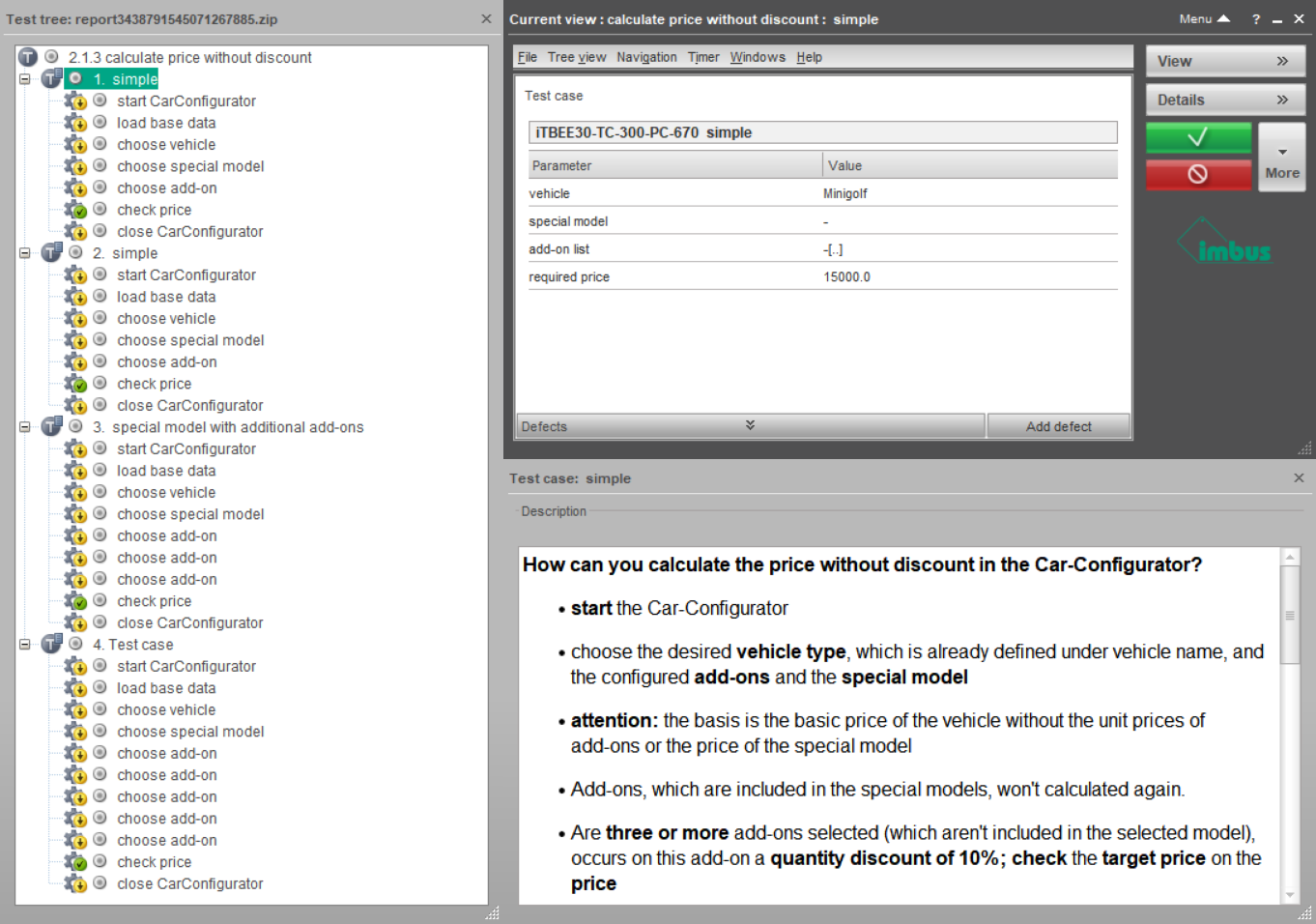 Test execution report for calculating a vehicle price without discount in a car configurator. The image shows a test case using a "Minigolf" vehicle without special models or add-ons, resulting in a required price of 15,000.0. Instructions explain how pricing is calculated based on selected vehicle, special models, and add-ons, with a 10% quantity discount applying for three or more eligible add-ons.