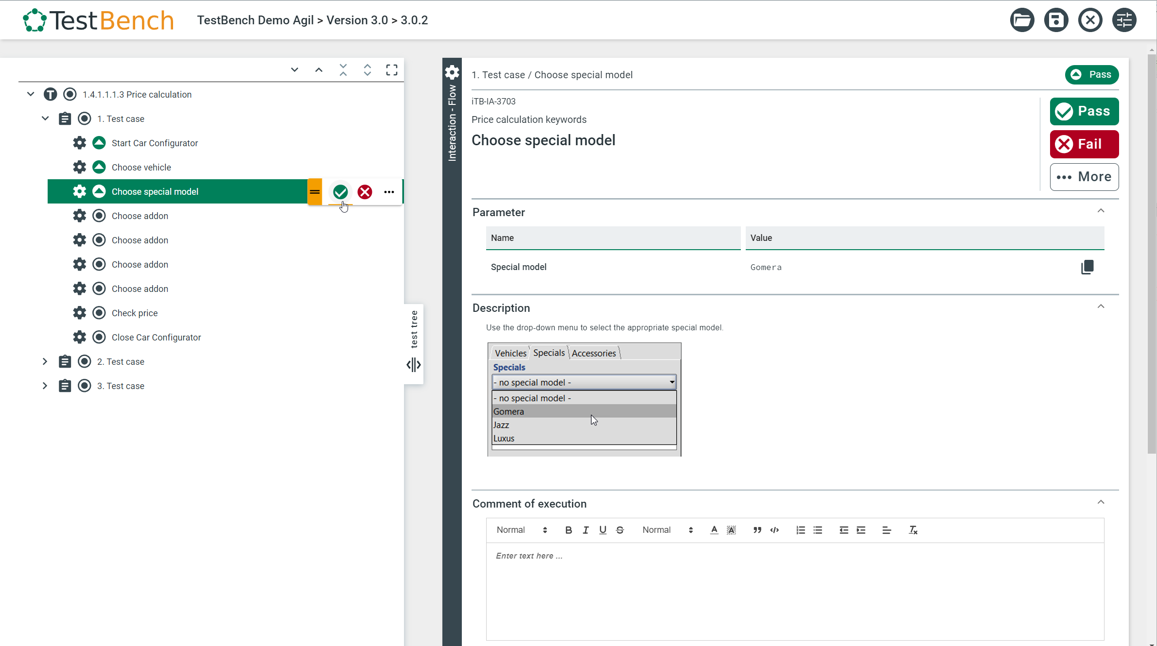 TestBench interface displaying a test case step titled "Choose special model" where the special model "Gomera" is selected from a dropdown menu, with options including "no special model", "Gomera", and "Jazz"; the step is marked with a green status bar and "Pass" verdict.