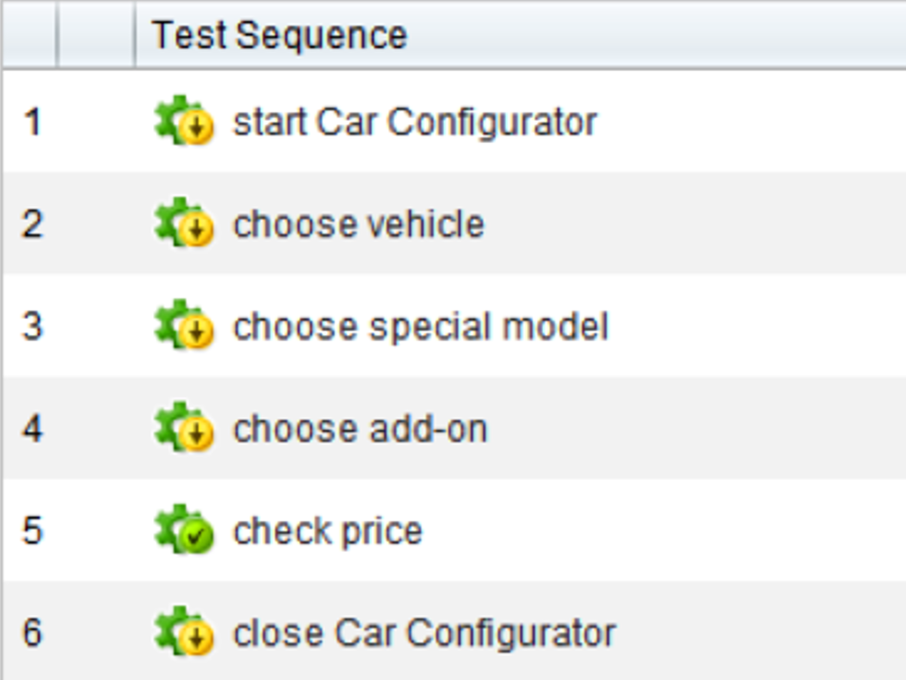 Screenshot from TestBench showing a test sequence with six steps: 1 – start Car Configurator, 2 – choose vehicle, 3 – choose special model, 4 – choose add-on, 5 – check price, 6 – close Car Configurator. Step 5 is marked as passed.