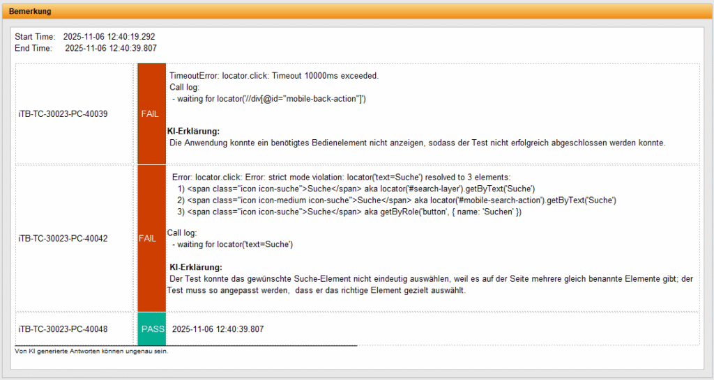 Screenshot eines Testberichts zu drei Testfällen in einer Benutzeroberfläche. Zwei Tests (ITB-TC-30023-PC-40039 und PC-40042) sind mit „FAIL“ markiert. Die Fehlerursachen sind Timeout und Mehrdeutigkeit bei der Auswahl des „Suche“-Elements. Beide enthalten eine automatische KI-Erklärung auf Deutsch. Der dritte Testfall (PC-40048) ist erfolgreich mit „PASS“ markiert und enthält keine Fehlermeldung.