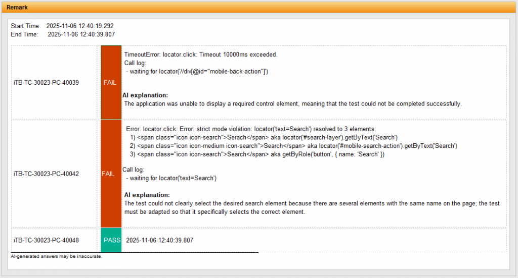 Screenshot of a test summary for three cases in a user interface. Two tests (ITB-TC-30023-PC-40039 and PC-40042) are marked as "FAIL" due to issues like timeout errors and ambiguity in selecting the "Search" element. Each failed test includes an AI explanation in German. The third test case (PC-40048) is marked as "PASS" and shows no errors.