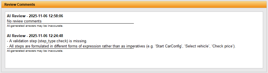 Screenshot of a user interface titled "Reviewanmerkungen" (Review Comments). Two AI reviews are listed. The more recent one notes no issues. The earlier one points out two improvements: a missing validation step with step_type: check, and the recommendation to phrase all instructions using the infinitive instead of the imperative, with examples provided for clarity.