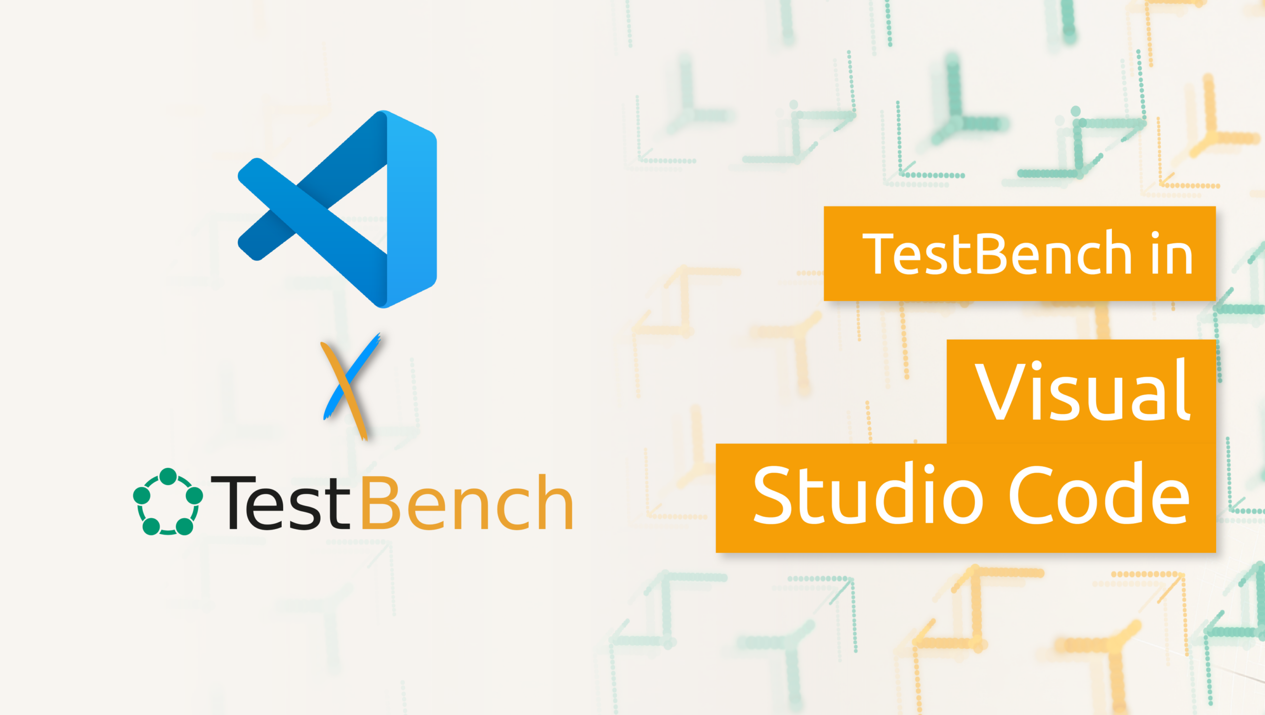 Logos of Visual Studio Code and TestBench with the text 'TestBench in Visual Studio Code' on orange rectangles against a light background with abstract line patterns.