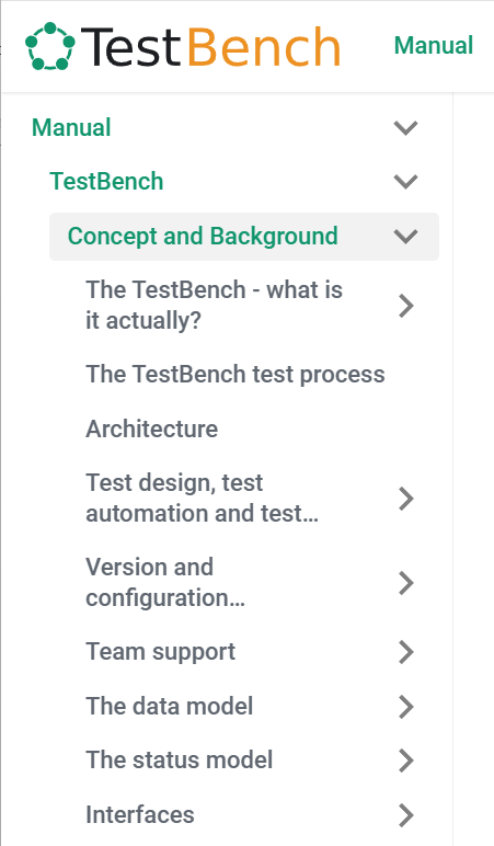 A section of the TestBench manual menu in the online help, with the “Concept and Background” category highlighted.