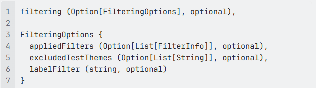 Ausschnitt aus Quellcode in einer Programmierumgebung mit Definition einer FilterOptions-Struktur und optionalen Parametern.