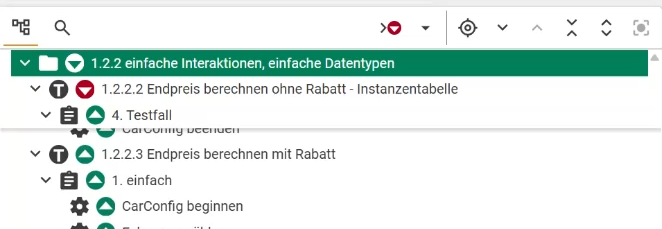 Ausschnitt des TestBench Clients mit einer Baumstruktur und Einträgen zu Interaktionen und Datentypen, darunter Testfälle und Konfigurationsbefehle.