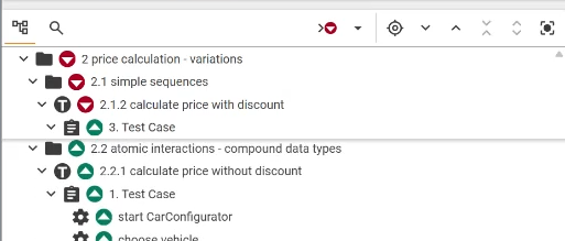 TestBench Client showing a tree structure with entries about interactions and data types including test cases and configuration commands.