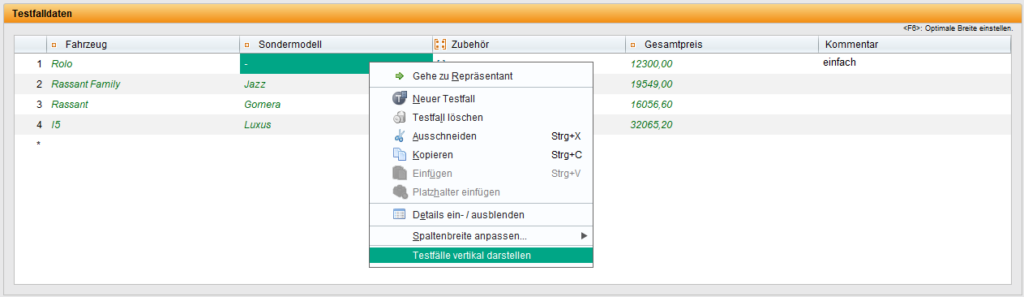 Screenshot des TestBench Clients im Kontextmenü zur Anpassung der Spaltendrehung.