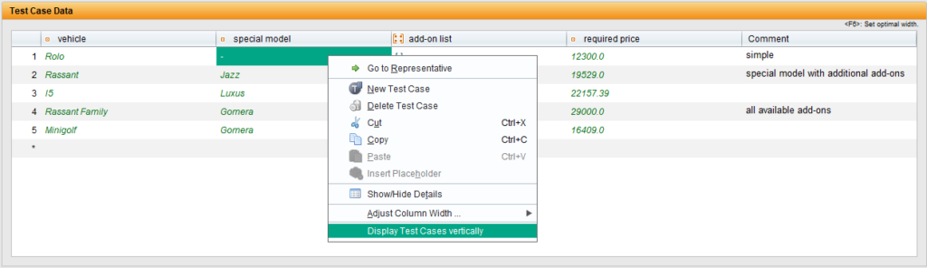 Screenshot of the TestBench client showing the context menu for adjusting the column rotation.