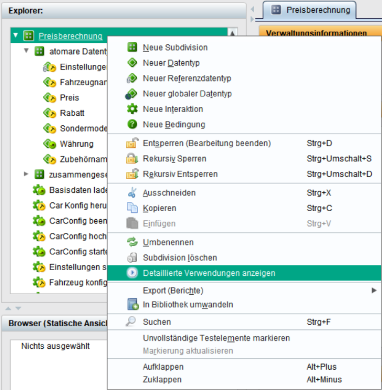 Detaillierte Verwendung für ein Testelement oder alle Elemente einer Subdivision aufrufen.